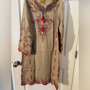 Embroidered Beige and Red 2 piece